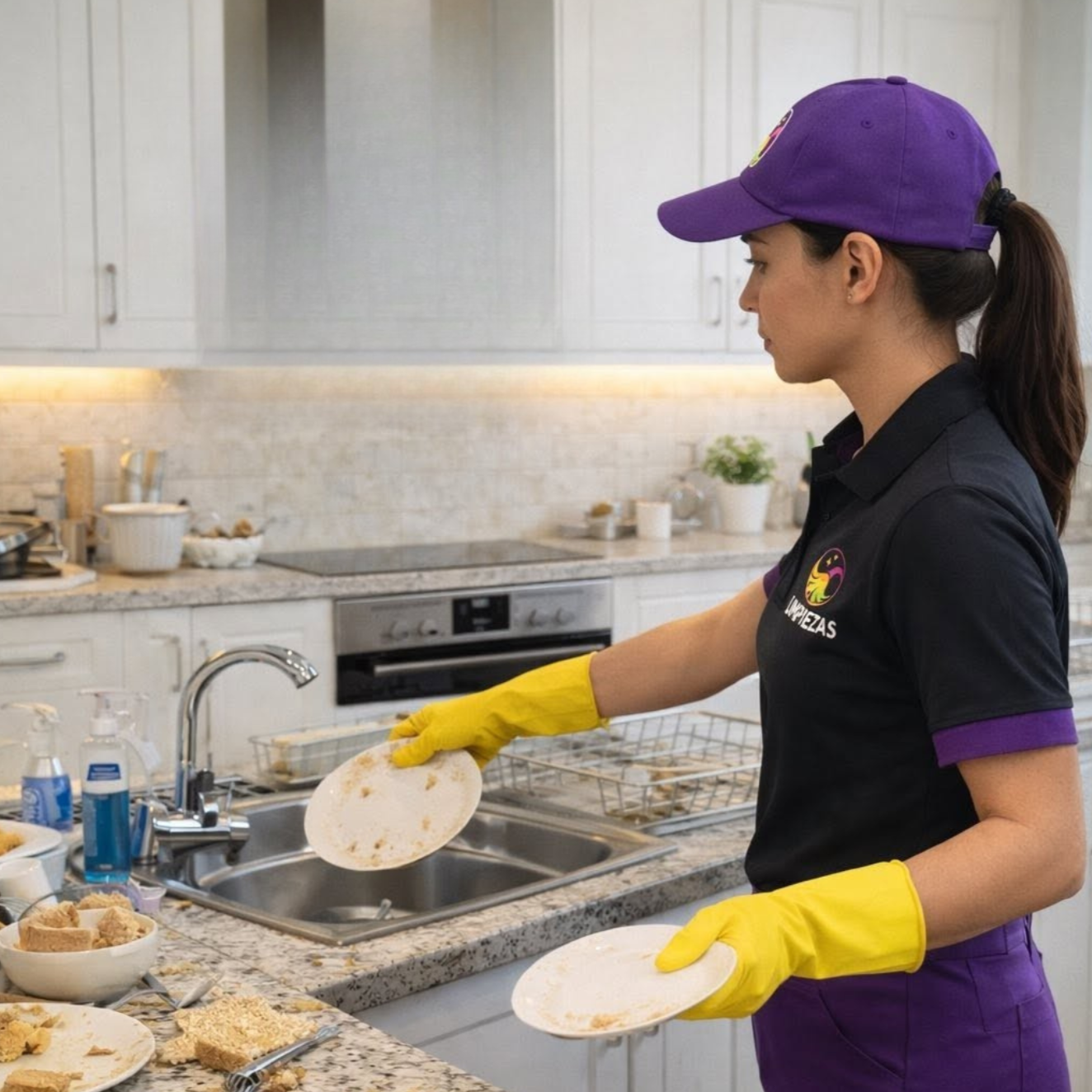 Operaria de Limpiezas Luna Sol trabajando en cocina profesional en Granada